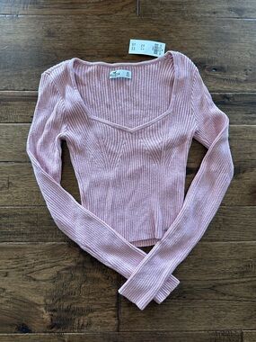Hollister Pink Ribbed V-Neck Long Sleeve Top